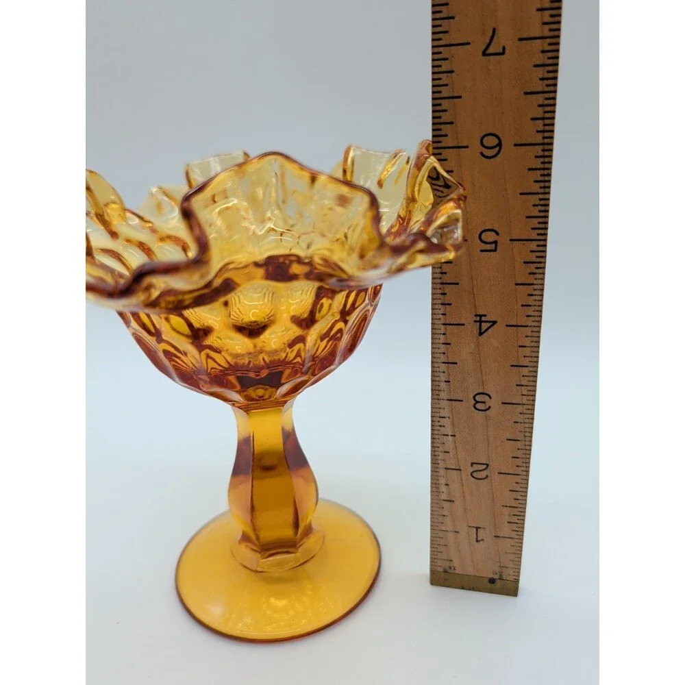 VTG Fenton Pedestal Fluted Ruffled Edge Colonial Amber Thumbprint Compote Glass